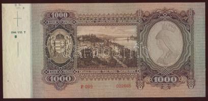 1943. 1000P előlapon jobb oldali ívszél, rajta balra mutató zöld nyíl + zöld színű "1 gép. 944....