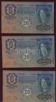 1913. 20K II.kiadás (3x) piros vízszintes, címer alati "Deutschösterreich" fny-sal, egymás...