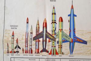 1964 USA atomtámadó eszközök, szemléltető táblázat, színes ábrákkal, kiadja az M.N. Térképészeti Int...
