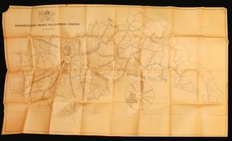 cca 1940 Magyarország távíró hálózatának térképe. Nagyméretű fali térkép 200x120 cm Sarkán kis, hiány, hajtásoknál egy-két szakadás, folt. / Large telegraph map of Hungary