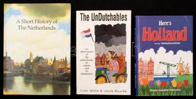3 db. angol nyelvű könyv Hollandiáról:  Prof. dr. P.J.A.N. Rietbergen: A short history of the Netherlands, From prehistory to the present day, Amersfoort, 2002, Bekkin Publishers, 160 p., 5. kiadás, kiadói papírkötés, angol nyelven;  Colin White-Laurie Boucki: The Unduchables, an observation of the netherlands: its culture and its inhabitants. Lafayette,Colorado, USA, 1996, White Boucke, 264 p, kiadói papírkötés, angol nyelven; Sheila Gazaleh Weevers: Here's Holland. Rotterdam, 2000, Here's Holland, IX+436 p, kiadói papírkötés, angol nyelven. / 3 pieces of book about Hollandia, paperback binding, in english language.