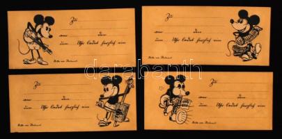 cca 1930 Különböző Mickey Mouse figurákkal díszített német nyelvű meghívó,4db,  6x13cm / circa 1930 Invitations decorated with various Mickey Mouse figurines German speaking, 4 pcs, 6x13cm