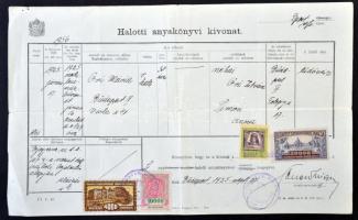 1925 Halotti anyakönyvi kivonat 4 klf okmánybélyeggel / Death certificate with 4 different fiscal stamps