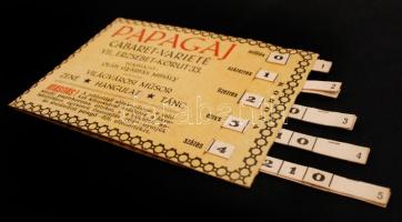 1927 Papagáj kabaré reklám naptár és mechanikus táblázat korona-pengő átszámításhoz, 10x7cm / 1927 P...