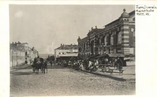 1917 Turnu Severin, Szörényvár; Main street, market hall, photo
