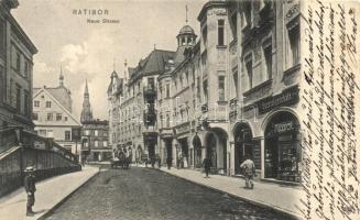 Racibórz, Ratibor, Neue Strasse, Spezialgeschäft von M. Poppek / street with shops