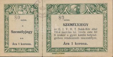 1914 Szecessziós táncestélyi meghívó jegy az Egyesült Izzó Sakk-kör rendezvényére, Kner, Gyoma nyomtatvány, 7x14cm