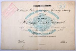 Budapest 1922. "A Victoria Butor és Faárugyár Részvénytársaság Ujpest" 25db részvénye összesen 5.000K-ról szelvényekkel, bélyegzésekkel T:III kis szakadás