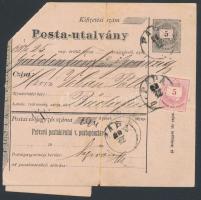 1876 Posta-utalvány feladóvevénnyel, szelvénnyel 5kr díjkiegészítéssel / Mi 17 on PS-money order with coupon and receipt "PÁPA"