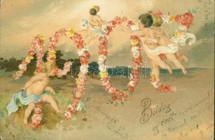 New Year 1907, floral Emb. litho