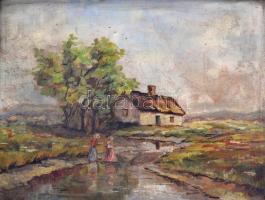 Polányi jelzéssel: Tanya. Olaj, karton, foltos, sérült keretben, 29×37 cm