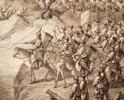 1772 Qianlong kínai császár győzelmeit megörökítő metszet-sorozat egy darabja. A nyugati régiók megh...