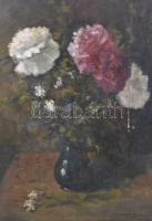 Olvashatatlan jelzéssel: Virágcsendélet. Olaj, vászon, keretben, sérült,  60×50 cm