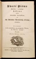 Juraj Palkovic (1763-1835) esztergomi kanonok szlovák nyelvű bibliafordítása, amin 30 évig dolgozott. Swaté Písmo starého i nowého Zákona podlá obecného latinského od sw. Rímsko-Katolickég Cirkwi potwrďeného, Přeložené s Prirownáňim gruntowného Tekstu, na Swetlo widané. Ďel prwní. Leta Pána. Ostrihome (Esztergom), 1829, Witlačené z Litterámi Josefa Beimela, Cis. Král. Priv. Primatiálského Kňíhtlačára, 1250 p. Korabeli kopottas bőrkötés. /  The Bibel, in slovak language. It translated by Juraj Palkovic, edited in 1829. Leather-binding. The cover is worn.