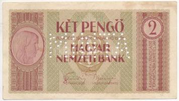 1938. 2P MINTA perforácival, 018224 J1 42 sorszámmal, kiadatlan bankjegy tervezet T:II-,III kissé foltos R! /  Hungary 1938. 2 Pengő with MINTA (SPECIMEN) perforation, with 018224 J1 42 serial number, unissued test banknote C:VF,F slightly spotted Rare! Adamo SPT2