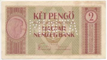 1938. 2P "MINTA" perforácival, "018224 J1 42" sorszámmal, kiadatlan bankjegy tervezet T:II-,III kissé foltos R! /  Hungary 1938. 2 Pengő with "MINTA (SPECIMEN)" perforation, with "018224 J1 42" serial number, unissued test banknote C:VF,F slightly spotted Rare! Adamo SPT2