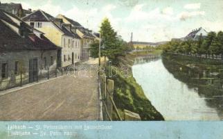 Ljubljana; Laibach; St. Petersdamm mit Laibachfluss / dam (fl)