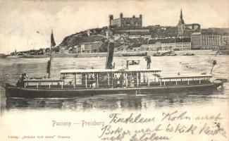 Magyar átkelőhajó Pozsonynál, Bediene dich allein kiadása / steamship by Bratislava, Pressburg