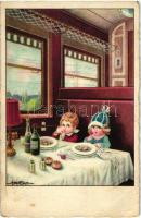 Kids eating on the train, Italian art postcard, CCM No. 2614. s: A. Bertiglia (EB)