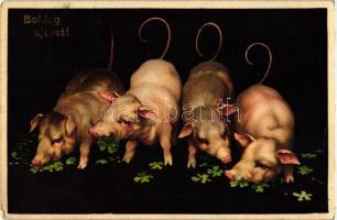 'Boldog Újévet' New Year greeting postcard, pigs, clover, litho (fa)