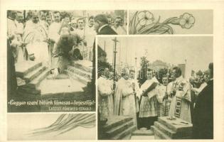 1912 Budapest XIV. Rózsafüzér királynéja templom építése; József főherceg a szokásos három kalapácsütést végzi. Dr. Kohl Medárd püspök megáldja az alapkövet; floral
