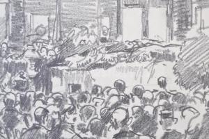 Márton Ferenc (1884-1940): 1933 Apponyi Albert holttestének megérkezése a Keleti Pályaudvarra. Ceruz...