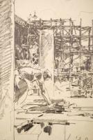 Márton Ferenc (1884-1940):1935 A Margit hidat átépítik. Ceruza, papír, Jelzett.34x21 cm