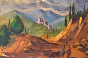 MCP jelzéssel: Város a hegyen. Olaj, falemez, keretben, 60×80 cm