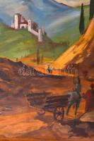 MCP jelzéssel: Város a hegyen. Olaj, falemez, keretben, 60×80 cm