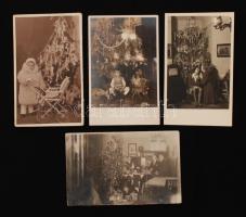 cca 1930 Régi karácsonyok családi körben, 4 db vintage fotó, három feliratozott, 14x9 cm