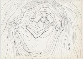 cca 1966 Hollókői várrom madártávlatból, szemmagasságból és sztereoautográffal készült 1:200-as arán...