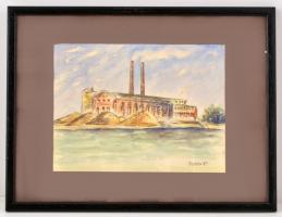 Duray jelzéssel: Gyár a folyóparton. Akvarell, papír, jelzett, üvegezett keretben, 20×26 cm