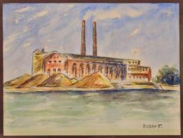 Duray jelzéssel: Gyár a folyóparton. Akvarell, papír, jelzett, üvegezett keretben, 20×26 cm