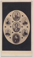 cca 1870 Magyar írók arcképcsarnoka, vizitkártya méretű kistabló, középen Arany János, felette Jókai Mór, vintage fotó, 10,5x6 cm