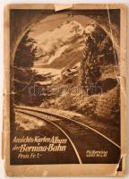 cca 1930, Ansichts-Karten album der Bernina-Bahn, Chur, Manatschal Ebner & Co. Német nyelvű leporello a Bernina vasút nyomvonaláról, 32 képpel, szakadozott papírborítóban. / Leporello about the Bernina railway, in german language, with 32 pictures. The cover is damaged.