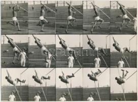 cca 1940 Rúdugró, Kozák Lajos fotósorozata, 30 db 5,5x5,5 cm, a teljes fotó 34x24 cm / Pole vaulter, 30 photos of Lajos Kozák, 5,5x5,5 cm