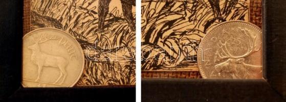 1904 Két darab szarvasos pénzérme egy szarvasos tus rajzzal, üvegezett modern keretben, 13×8 cm