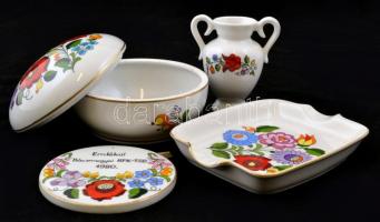 Kalocsai porcelán tárgyak (4db) , kézzel festett, jelzett, hibátlan,  m:6 cm 14×11 cm,