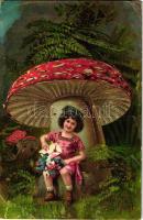 Boldog Újévet / New Year greeting, girl, mushrooms, golden decorated, litho (fa)