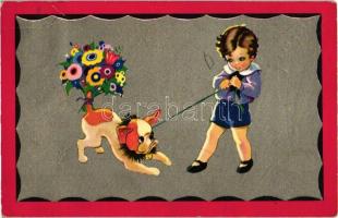 Boy with dog, silver postcard, Degami No. 2099. (fa)