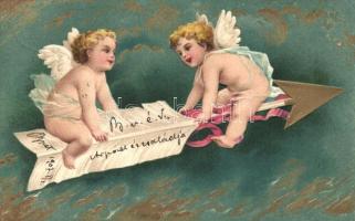 New Year greeting, angels, golden decorated, Emb. litho (EK)