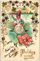 Boldog Újévet / New Year greeting, dwarf, pigs, clover, golden decorated, floral, Art Nouveau, Emb. litho (EB)
