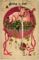 Boldog Újévet! / New Year greeting card, pigs, clover, TSN No. 627. litho (EK)