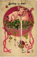 'Boldog Újévet!' / New Year greeting card, pigs, clover, TSN No. 627. litho (EK)