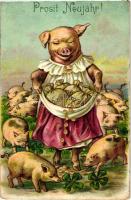 Prosit Neujahr! / New Year greeting card, pigs, clover, Emb., litho (kis szakadás / small tear)