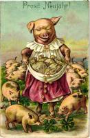 Prosit Neujahr! / New Year greeting card, pigs, clover, Emb., litho (kis szakadás / small tear)