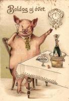 Boldog Újévet / New Year greeting card, pig, golden decorated, litho (fl)