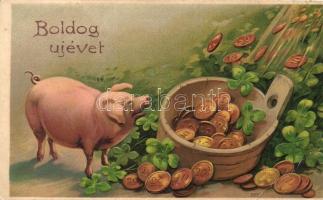 Boldog Újévet / New Year greeting card, pig, clover, coins (EB)