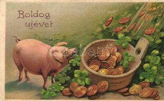 Boldog Újévet / New Year greeting card, pig, clover, coins (EB)