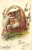 Boldog Húsvéti Ünnepeket / Easter greeting card, girl, lamb, golden decorated, Emb. litho